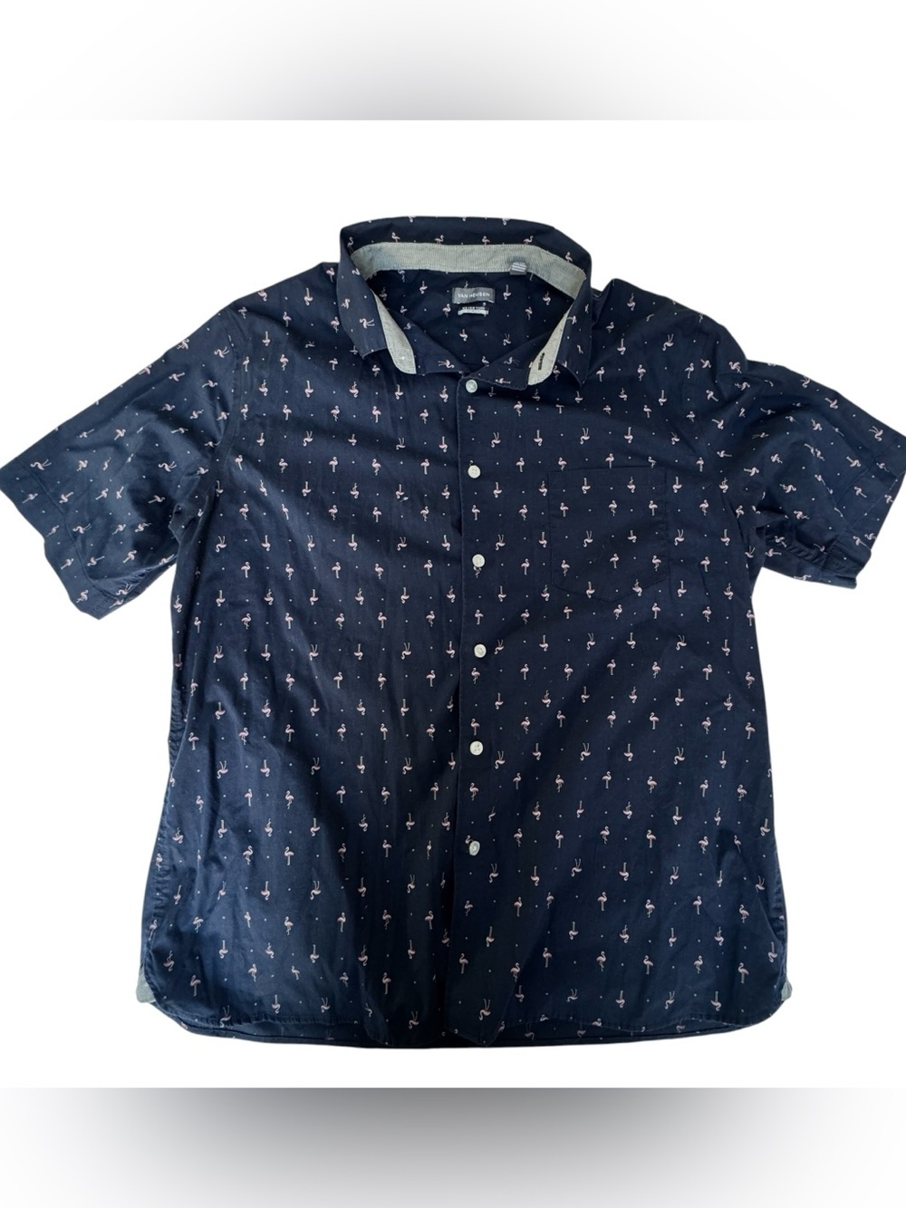 Van Heusen Men’s as Flamingo Button Up Shirt Size XL Slim Fit Navy Short Sleeve